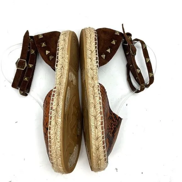 ASH Spain Rockstud Leather Suede Flat Espadrilles Brown Piton Print 37 US 6,5