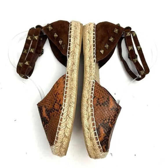 ASH Spain Rockstud Leather Suede Flat Espadrilles Brown Piton Print 37 US 6,5