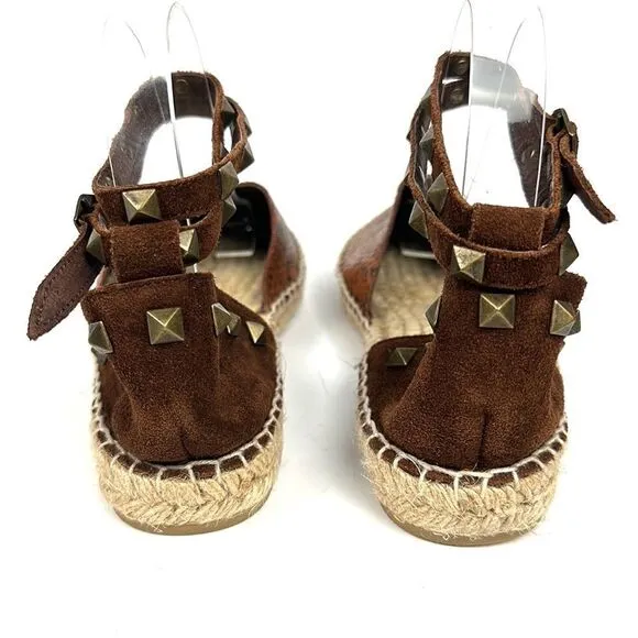 ASH Spain Rockstud Leather Suede Flat Espadrilles Brown Piton Print 37 US 6,5