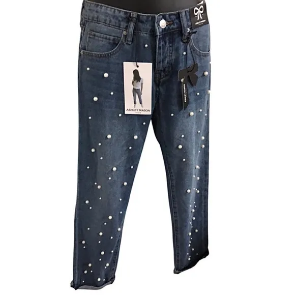 Ashley Mason pearl studded embellished blue jeans‎ size 00/23 brand new