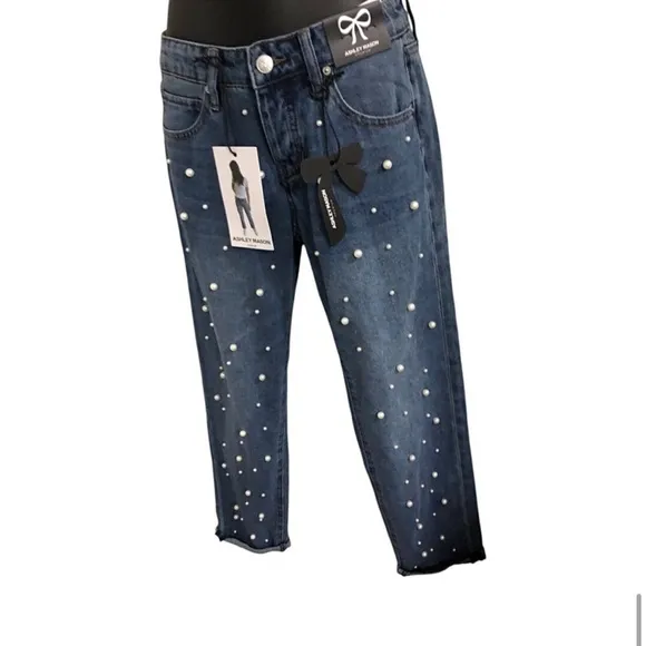 Ashley Mason pearl studded embellished blue jeans‎ size 00/23 brand new