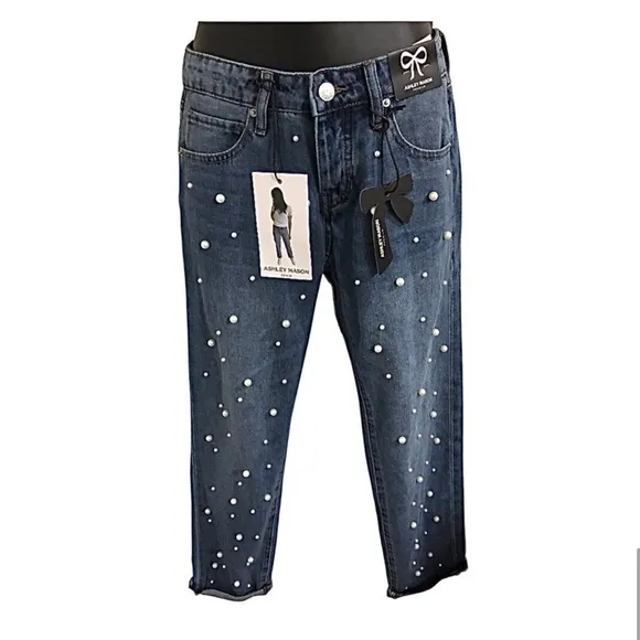 Ashley Mason pearl studded embellished blue jeans‎ size 00/23 brand new