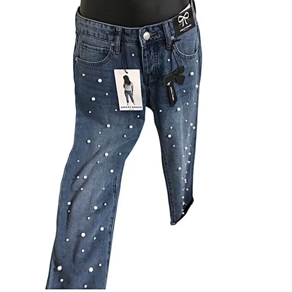 Ashley Mason pearl studded embellished blue jeans‎ size 00/23 brand new