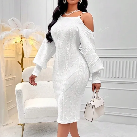 Asymmetrical Neck Lantern Sleeve Bodycon Dress