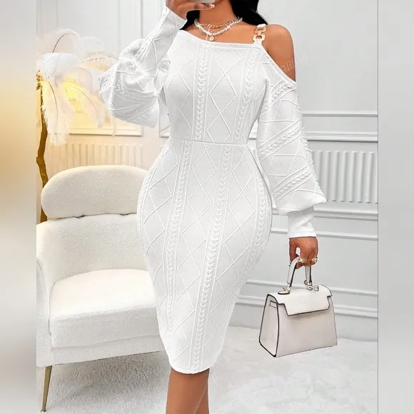 Asymmetrical Neck Lantern Sleeve Bodycon Dress