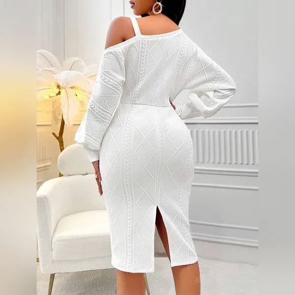 Asymmetrical Neck Lantern Sleeve Bodycon Dress