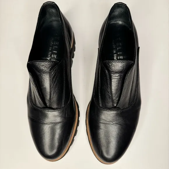 Atelier Women’s Barton Black &amp; Tan Italian Leather Platform Penny Loafers Sz 38