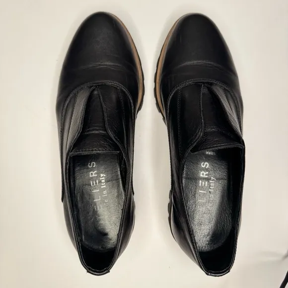 Atelier Women’s Barton Black &amp; Tan Italian Leather Platform Penny Loafers Sz 38
