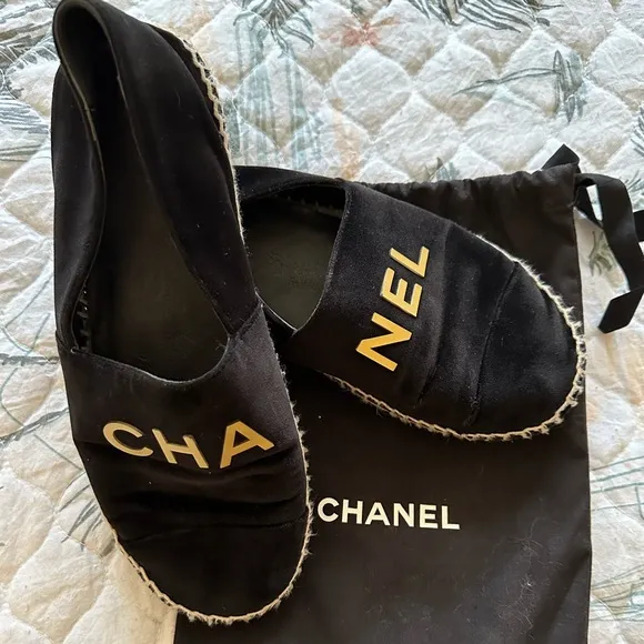 Authentic Chanel black velvet espadrilles