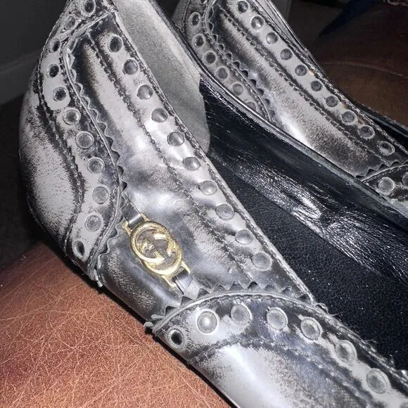 Authentic Gucci Black/Grey Brogue Leather Ballet Flats Size 40