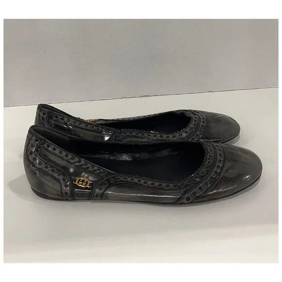 Authentic Gucci Black/Grey Brogue Leather Ballet Flats Size 40