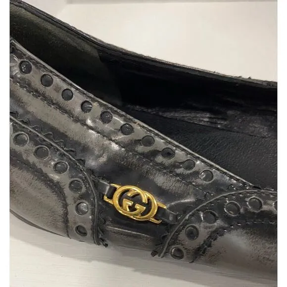 Authentic Gucci Black/Grey Brogue Leather Ballet Flats Size 40