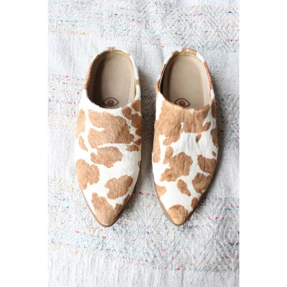 Babos Brown Cow Fur Calf Moo Hair Slide Pointed Toe Shoes Slides Babouche Size 6