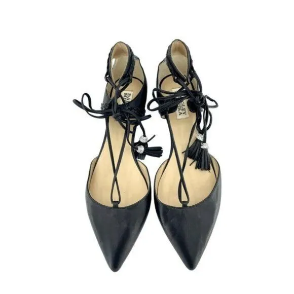 BADGLEY MISCHKA Flats Bliss Black Leather Lace Up Crystal Tassel Sz 7.5 NEW