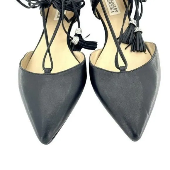 BADGLEY MISCHKA Flats Bliss Black Leather Lace Up Crystal Tassel Sz 7.5 NEW