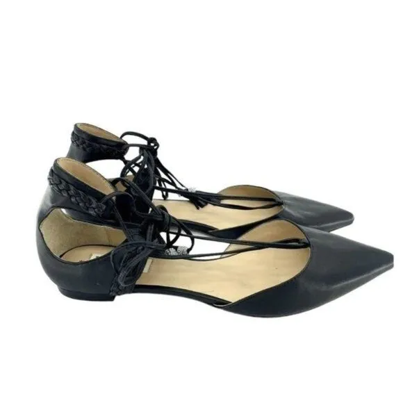 BADGLEY MISCHKA Flats Bliss Black Leather Lace Up Crystal Tassel Sz 7.5 NEW