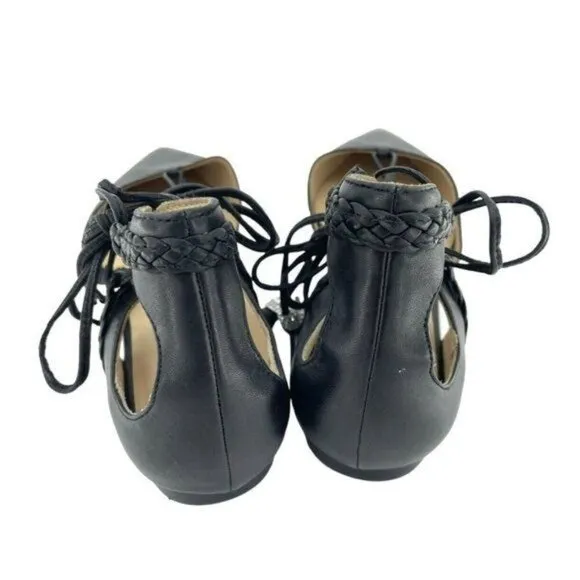 BADGLEY MISCHKA Flats Bliss Black Leather Lace Up Crystal Tassel Sz 7.5 NEW