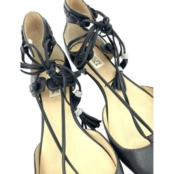 BADGLEY MISCHKA Flats Bliss Black Leather Lace Up Crystal Tassel Sz 7.5 NEW