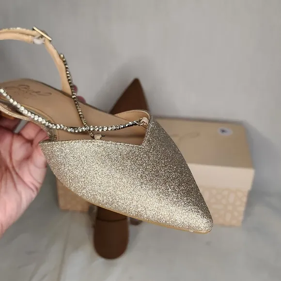 Badgley Mischka Golden Flats with Crystal Ankle Straps. Dressy Size 6 1/2 NWT