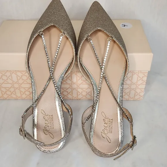 Badgley Mischka Golden Flats with Crystal Ankle Straps. Dressy Size 6 1/2 NWT