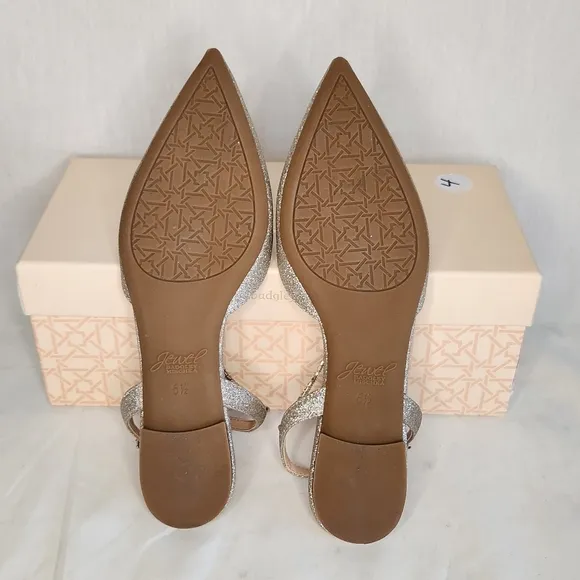 Badgley Mischka Golden Flats with Crystal Ankle Straps. Dressy Size 6 1/2 NWT