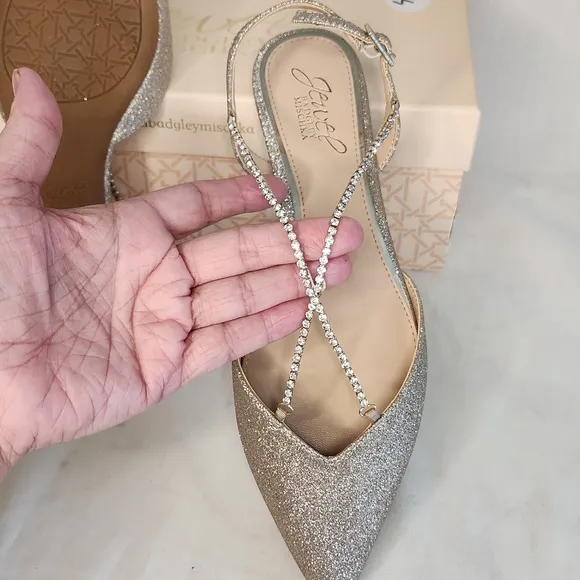 Badgley Mischka Golden Flats with Crystal Ankle Straps. Dressy Size 6 1/2 NWT