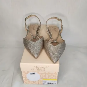 Badgley Mischka Golden Flats with Crystal Ankle Straps. Dressy Size 6 1/2 NWT
