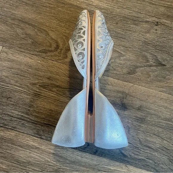 BADGLEY MISCHKA Silver Embellished Pointed Rhinestone Flats Size 8
