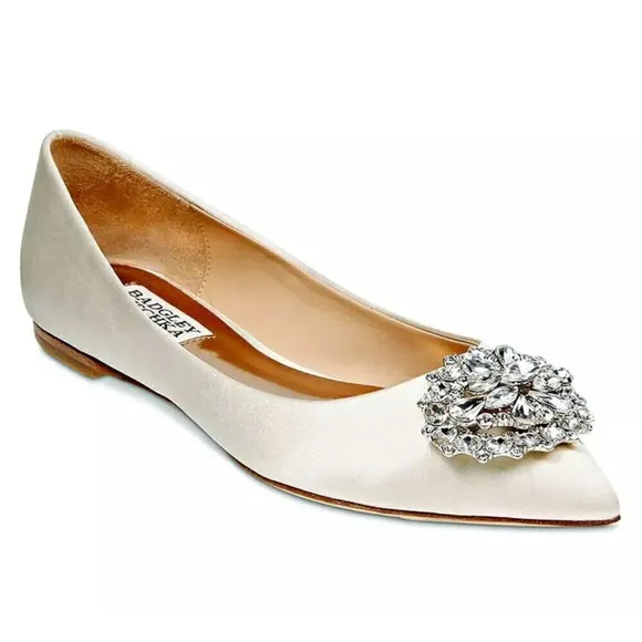 Badgley Mischka Women's Davis Embellished Ivory Satin Flats Size 6.5 (MSRP $195)