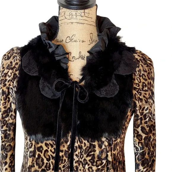 BAVADIA Women’s Regular Leopard Print Rabbit Fur Velvet Mini Dress Size 4 Brown