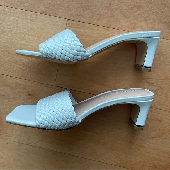 BCBGeneration Square Toe Slides Sandals White Basket Weave, 6.5