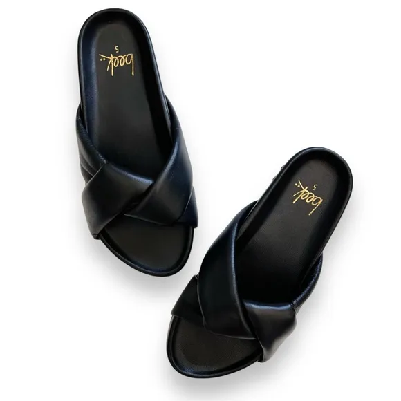 BEEK Leather Mango Twisted Strap Sandal Slide Black Tan Gold Sz 5