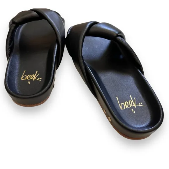 BEEK Leather Mango Twisted Strap Sandal Slide Black Tan Gold Sz 5