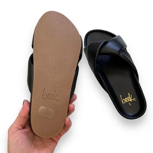 BEEK Leather Mango Twisted Strap Sandal Slide Black Tan Gold Sz 5