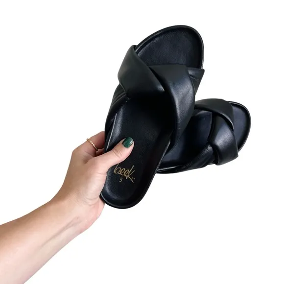 BEEK Leather Mango Twisted Strap Sandal Slide Black Tan Gold Sz 5