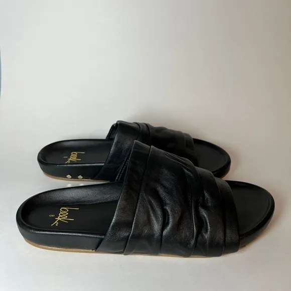 Beek Minla Slide Sandals, women’s size 8. Black leather ruched slides shoes