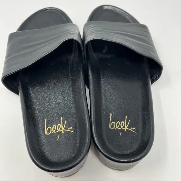 Beek Pelican Leather Platform Sandal Black Slides Womens Size 7