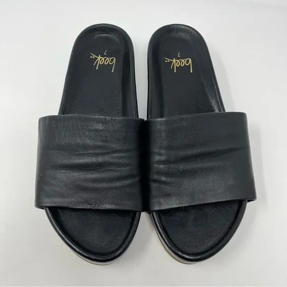 Beek Pelican Leather Platform Sandal Black Slides Womens Size 7