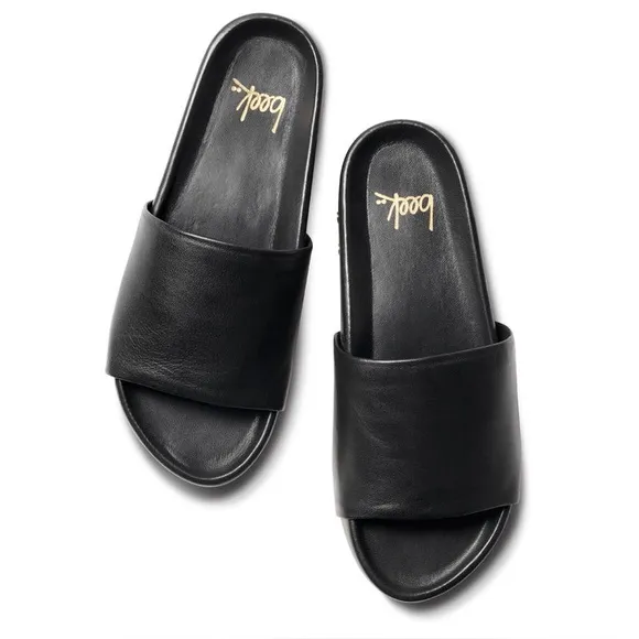 Beek Pelican Leather Platform Sandal Black Slides Womens Size 7
