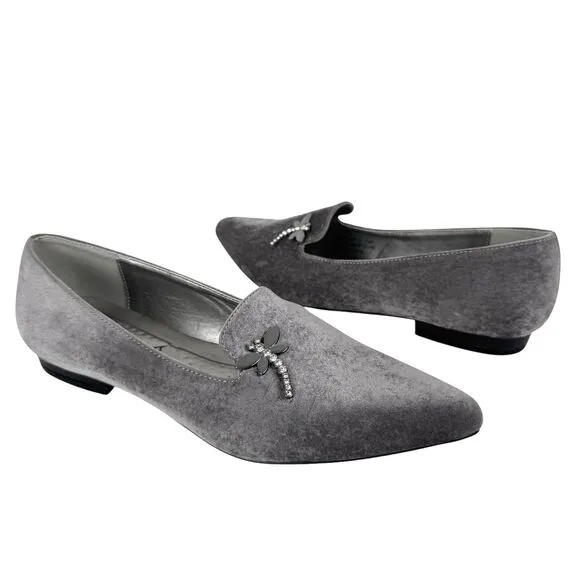 Bellini Women's Dragonfly Velvet Flats Sz 9 Gray Pointed Toe Artsy Office
