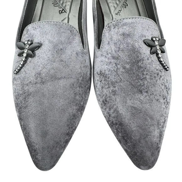 Bellini Women's Dragonfly Velvet Flats Sz 9 Gray Pointed Toe Artsy Office