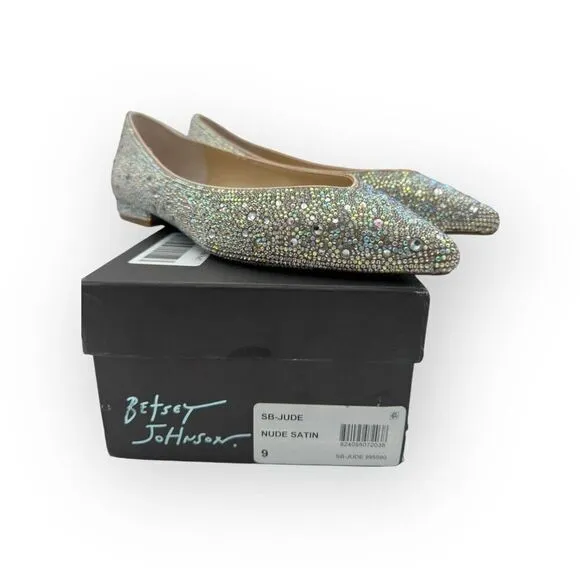 Betsey Johnson Womens Jude Embellished Pointed Toe Ballet Flats Nude Satin Sz 9