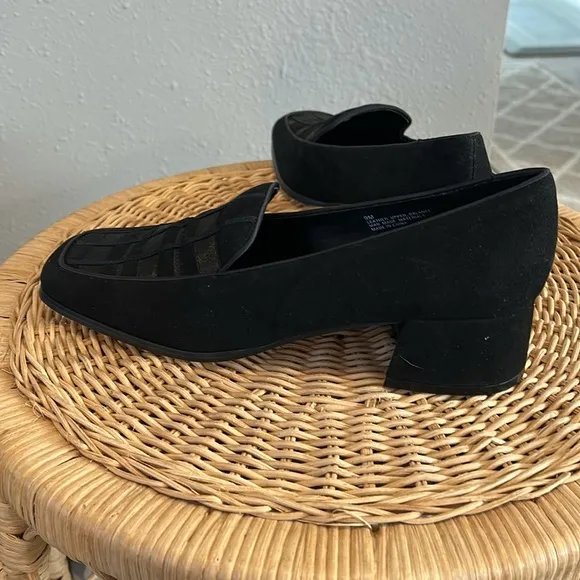 Bianco Black Leather Heeled Loafers Satin Plaid Square Toe