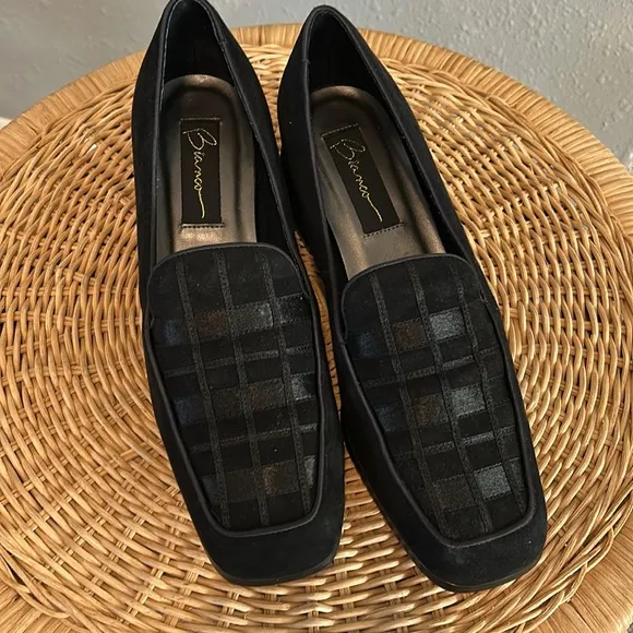 Bianco Black Leather Heeled Loafers Satin Plaid Square Toe