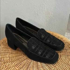 Bianco Black Leather Heeled Loafers Satin Plaid Square Toe