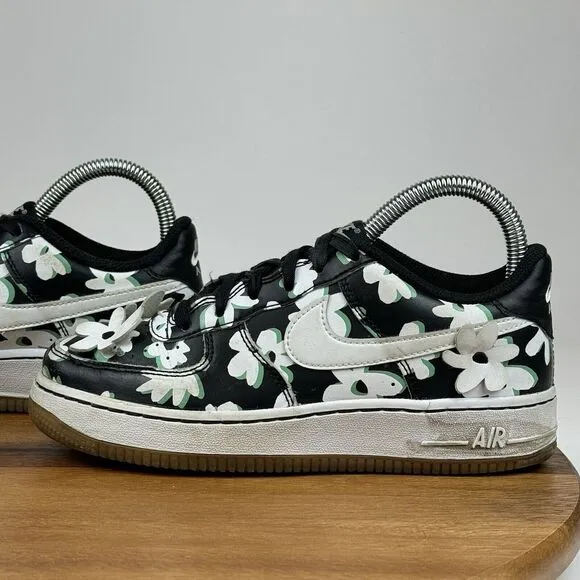 Big Kids Girls Nike Air Force LV8 Black Leather Floral Sneakers Shoes Size 3.5 Y