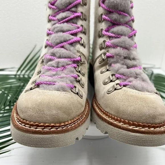Bionica Darlene Shearling Suede Leather Ankle Boots Cream/Pink Size 6.5M NWOB