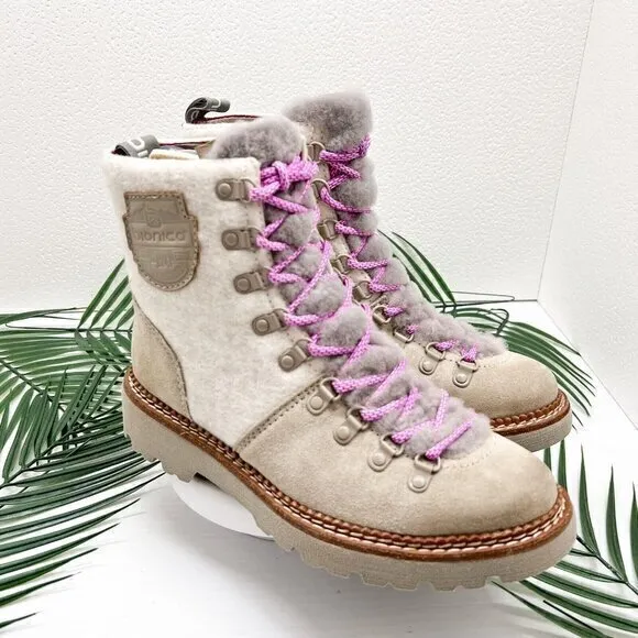 Bionica Darlene Shearling Suede Leather Ankle Boots Cream/Pink Size 6.5M NWOB