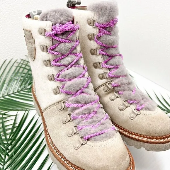 Bionica Darlene Shearling Suede Leather Ankle Boots Cream/Pink Size 6.5M NWOB