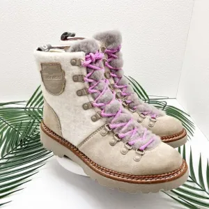 Bionica Darlene Shearling Suede Leather Ankle Boots Cream/Pink Size 6.5M NWOB